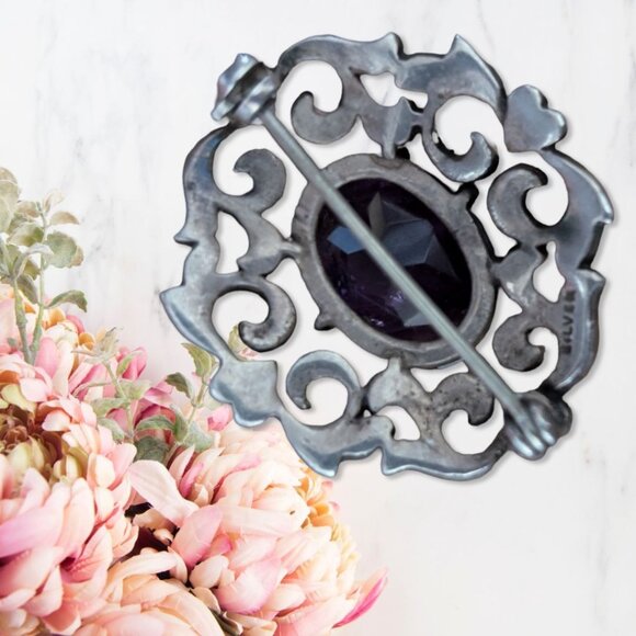 Antique Sterling 925 Silver Amethyst Marcasite Brooch And Earrings Set - Picture 3 of 8